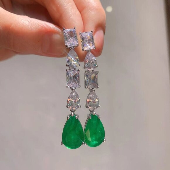 925 Sterling Silver Tourmaline Emerald Lab Diamonds Drop Earrings Fine Jewelry - Picture 1 of 2